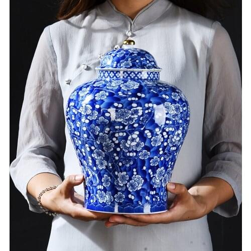 Creative Blue and White Porcelain Tea Caddy Large Candy Dried Fruit Sealed Storage Jar Plum Blossom General Jar Home Decoration