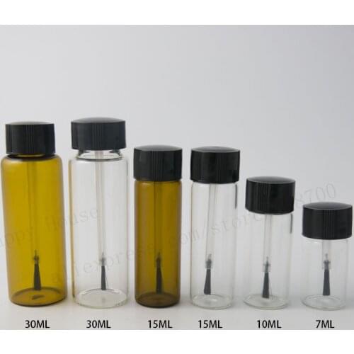 New Arrival 1000/lot 7ml 10ml 15ml Cute Clear Amber Glass Nail Polish Bottles With Black lids & brush Mini Glass Container