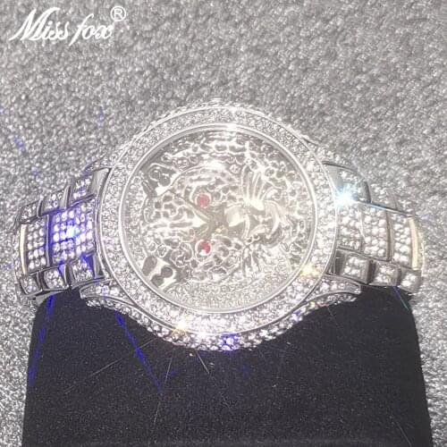 MISSFOX Silver Tiger Watch Designer Mens Watch Quartz Movt Fashion Casual Hip Hop Red Diamond Mens watches Hot Sale AAA Clocks
