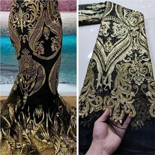 Latest African Mesh Lace Fabric With Sequins stones French Tulle Lace Fabric black/gold Lace For Nigerian Evening Party