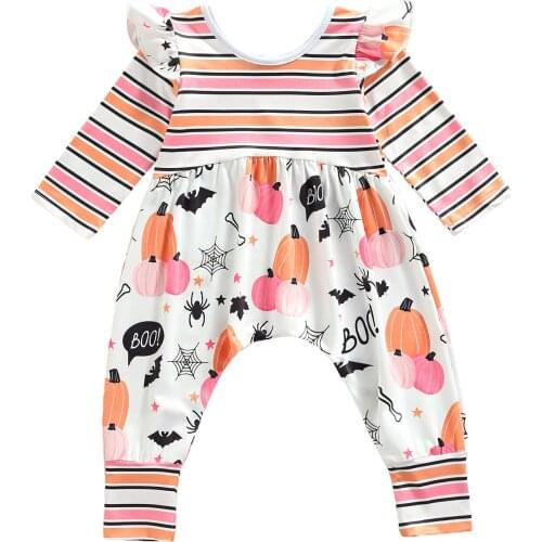 2021 Newest Toddle Baby Clothes Halloween Lovely Baby Girls 1-3Y Autumn Rompers Pumpkin Printed Long Sleeve Button Jumpsuits
