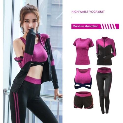 New Womens Sportwear Solid Yoga Sport Suit Breathable Gym Set Female Bra T-shirt Shorts Pants Workout Fitness Clothes Tracksuit