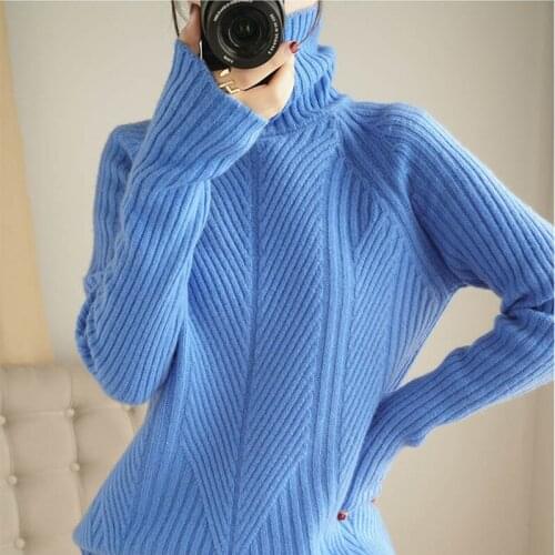 Autumn and winte Suéter de cashmere mulheres pescoço alto grosso curto merino lã suéter solto cor sólida malha camisa de fundo