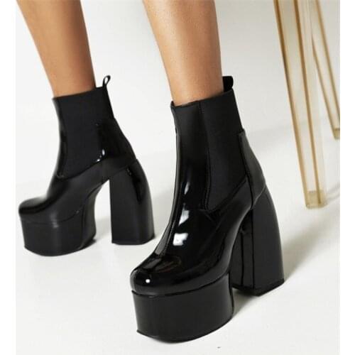 PXELENA 2021 Patent Leather Punk Gothic Women Chelsea Ankle Boots Chunky Block Super High Heel Thick Sole Shoes Large Size 35-46