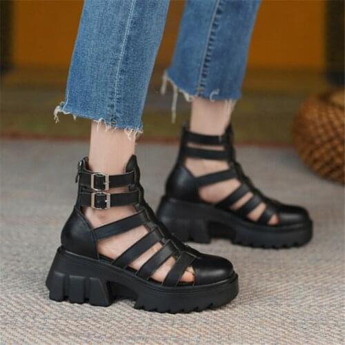 PXELENA Roman Women Punk Rock Gothic Shoes Genuine Leather T tied Gladiator Rome Sandals Platform Chunky High Heels Hollow Out