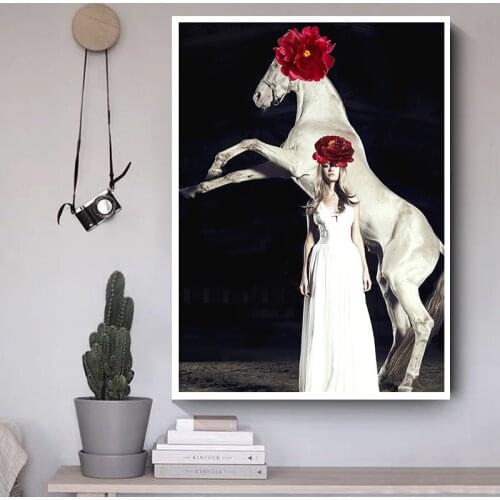 Modern Home Decor Woman with Horse Prints On Canvas Black White Painting Large Big Size Pictures for Living Room Frameless
