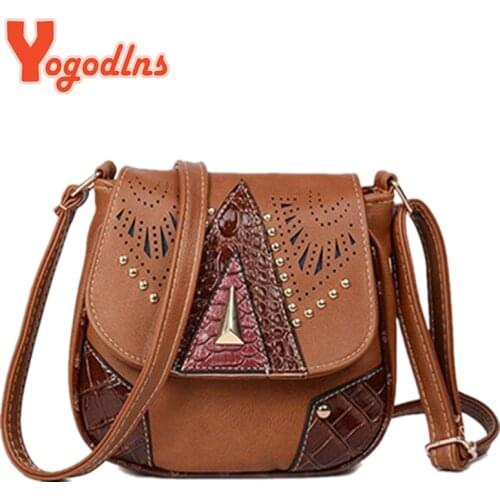 National Style Women Messenger Bags Vintage Shoulder Bag PU Leather Hollow Out Rivet Ladies Crossbody Bag Handbag For Women
