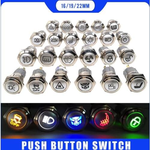 LED switch 12v Waterproof Metal push button switch 16mm 19mm 22mm symbol customized Rear Defrost high beam Windshield washing