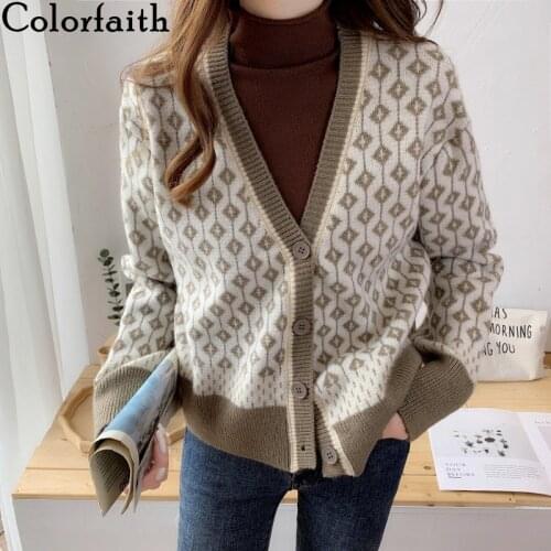 Colorfaith New 2020 Autumn Winter Womens Sweaters Checkered Buttons Cardigans Oversize Korean Argyle Ladies Knitwears SWC8012