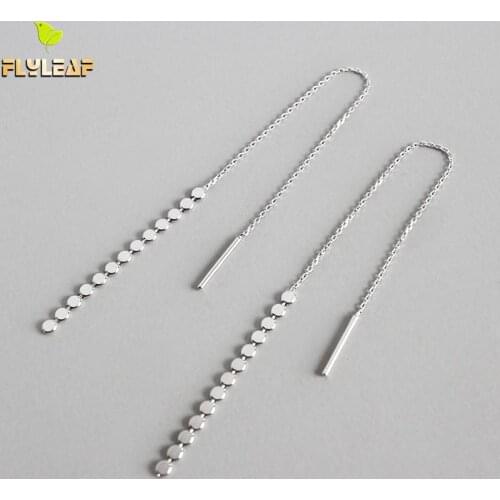 Flyleaf 925 Sterling Silver Long Earrings For Women Flat Bead Chain Jewelry Femme Simple Dangle Drop Earings Fashion Jewelry