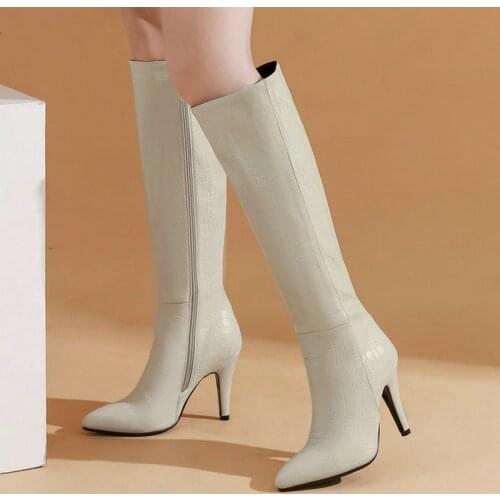 2021New Stone Pattern Knee Boots Lady Fashion Super High Heel Pointed Toe Boots Lady Autumn Winter Loose Warm Zipper Women Shoes