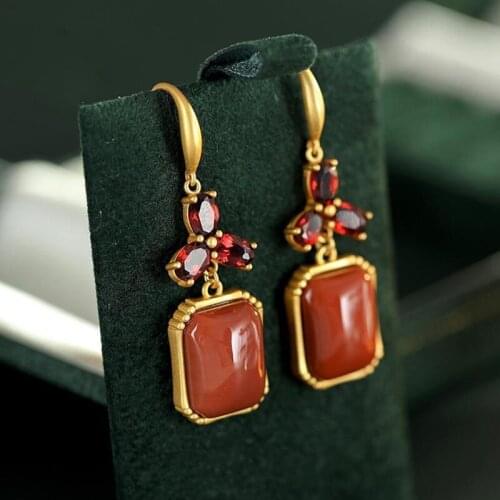 Natural South Red Agate Earrings Female S925 Sterling Silver Simple Fashion Red Temperamental Earrings Online Influencer Earring