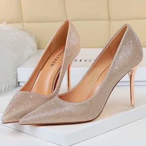 2021 Spring Women 9.5cm High Heels Fashion Pumps Pink Bling Sequin Elegant Lady Stripper Escarpins Sexy Prom Wedding Party Shoes