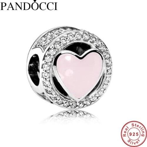 2017 Valentines Day 925 Sterling Silver Wonderful Love Soft Pink Enamel & Clear CZ Bead Fits Bracelets Diy Jewelry Making