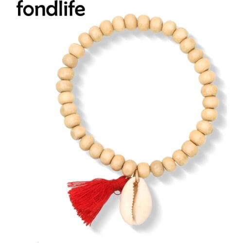Bohemian Cowrie Seashell Red Tassels Wood Beads Stretch Bracelet Women Men Nice Summer Beach Yoga Wooden Jewelry Present