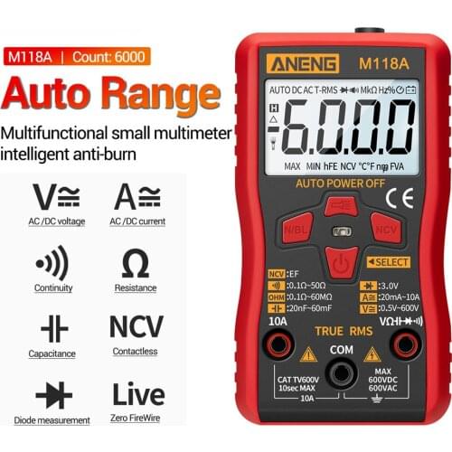 M118A Digital Multimeter Tester Auto Multimeter True Rms Tranistor Meter with NCV Data Hold 6000 Counts Flashlight