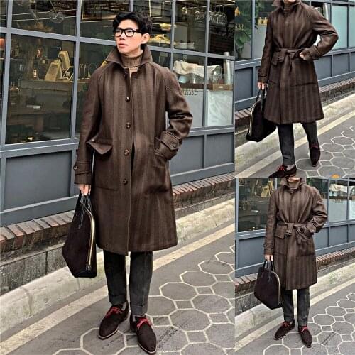 Korean Style Men Woolen Coat Custom Made Stripe Long Blazer With Belt Smart Casual Daily Thick Male Clothes