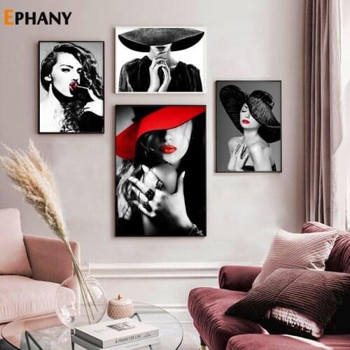 Fashion Lady with Hat Wall Art Red Lips Women Canvas Poster Black and White Sexy Girl Print Painting Pictures Modern Home Decor
