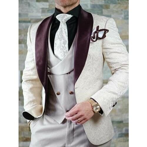 Custom Made Men Suits Beige and Brown Groom Tuxedos Shawl Satin Lapel Groomsmen Wedding Best Man ( Jacket+Pants+Vest+Tie ) D98