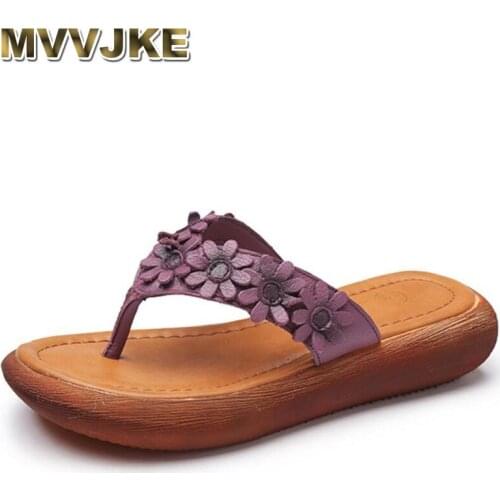MVVJKE 2020Summer New Mori Girl Soft Flowers Genuine Leather Flip Flops Female Flat Comfortable Slope With Ethnic Style Slippers