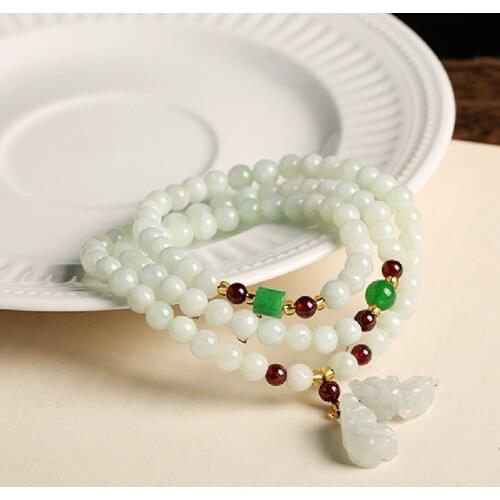 Natural A-Cargo Jadeite Jade Three-Circle Bracelet With Dry Green Beads. Garnet. Gourd. Double Buddha Statue. Apple Pendant