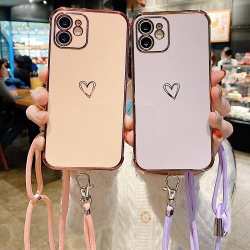 Plating Edge Heart Soft TPU Shockproof Case for iPhone 12 Mini 11 Pro Max Square Camera Protection Hanging Rope Crossbody Cover
