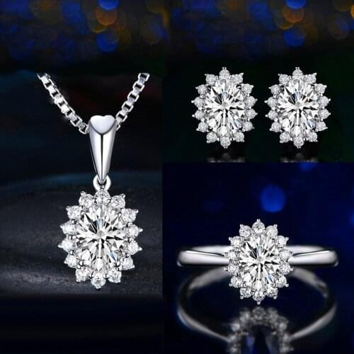 Simple Female Rainbow Crystal Jewelry Set Charm Silver Color Wedding Clip Earrings For Women Cute Flower Chain Necklace Ring