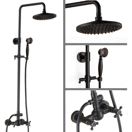 Black Oil Rubbed Brass Dual Cross Handles Bathroom 8 Inch Round Rain Shower Faucet Set Bath Mixer Tap Hand Shower mrs413