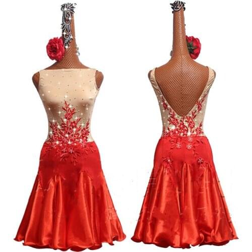 Rhinestone Women Latin Dance Dress Performance Clothing Salsa Party Dancer Singer Embroidered Nude Color Red Latin Dresses