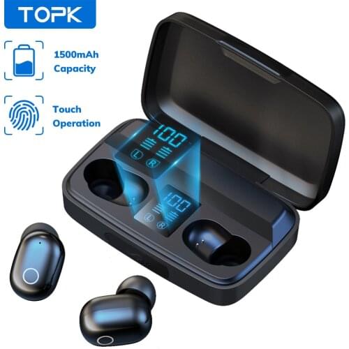 TOPK T10 TWS Bluetooth V5.0 Wireless Headphones Fingerprint Touch Bluetooth earphone 1500mAh Charging Box Sports earbuds
