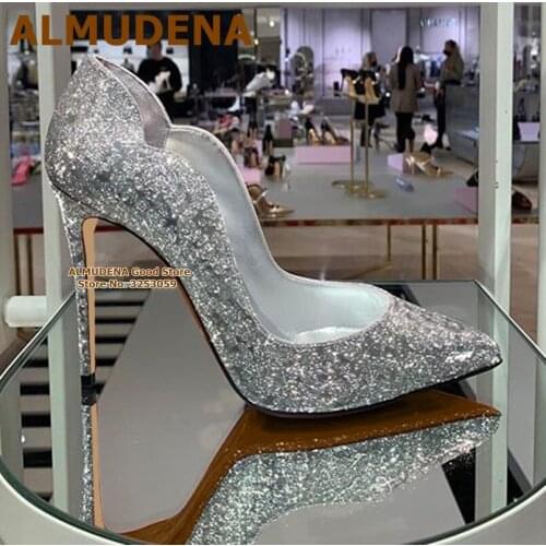 ALMUDENA Silver Sequined Pointed Toe Shoes Thin High Heel 12cm Dress Pumps Bling Bling Slip-on Shallow Wedding Shoes Size45