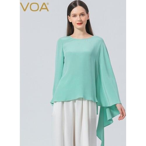 VOA Simple Asymmetric Shirt Butterfly Long Sleeves Solid Silk Tops O-Neck Casual Loose Woman Tshirts Fashion 2021 Autumn BE801