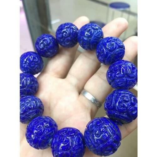 Top Quality Natural Royal Blue Lapis Lazuli Stone Craved 20mm Craved Round Beads Women Man Stretch Bracelet AAAAA Certificate