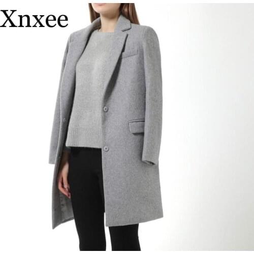 Xnxee Womens Wool Coats European Style High Quality Autumn Winter Jackets Slim Woolen Cardigan Gray Jacket Elegant Blend