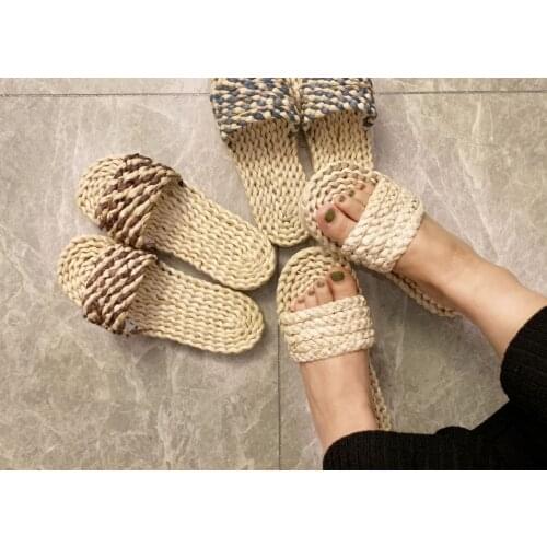 Mr Co Japanese Retro Woven Flip-flop Corn Fur Straw Shoes Men And Women Home Indoor Breathable Massage Home Shoes Beach Shoes