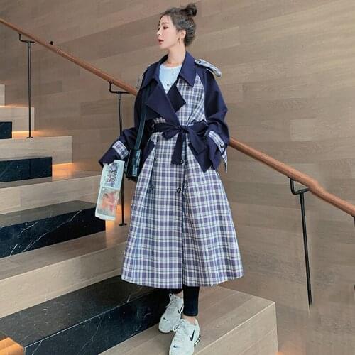 Contrasting Color Stitching Plaid Womens Windbreaker Long British Spring Autumn Jacket Korean Loose Casual Trench Coat Female
