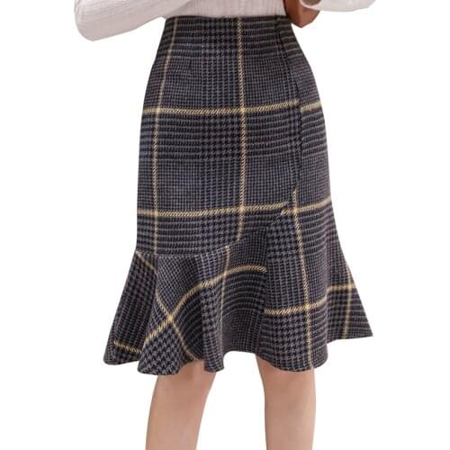 2021 Autumn Winter Womens Vintage Plaid Skirt High Waist Woolen Skirts t Midi Mermaid Falda Office Work Mujer Hip package Saias