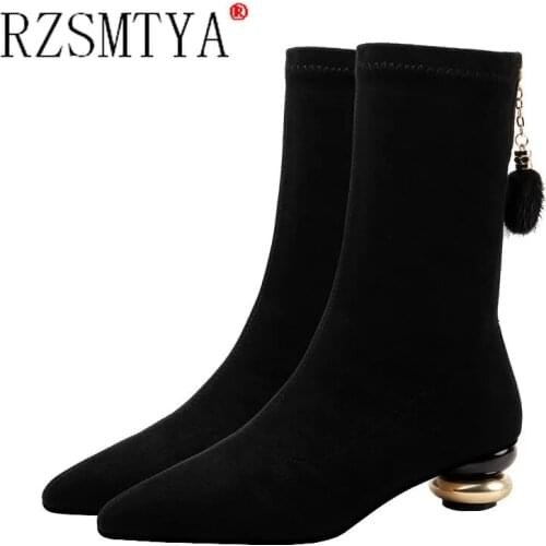 RZSMTYA Large Size 35-41 Woman Med Heels Ankle Boots Flock Colorful Rhinestone Heeled Boots Black Female Dress Shoes Botas Mujer