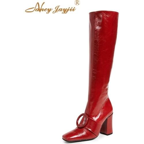 New Autumn Red Woman Knee-High Boots Bota 2020 Fashion Sexy Zippers Circle Solid Chunky Heels Female Shoes Velvet Winter