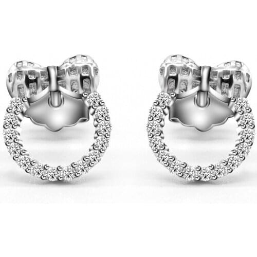 Solid 925 Sterling Silver Stud Earrings Classic Bowknot Circle Clear CZ Earrings Lovely Fine Jewelry Chrismass Gift for Women