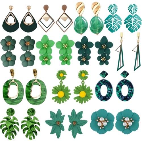 Korean Green Geometric Acrylic Wood Earrings Simple Round Oval Flower Drop Dangle Earrings for Women Summer Girl Party Jewelry
