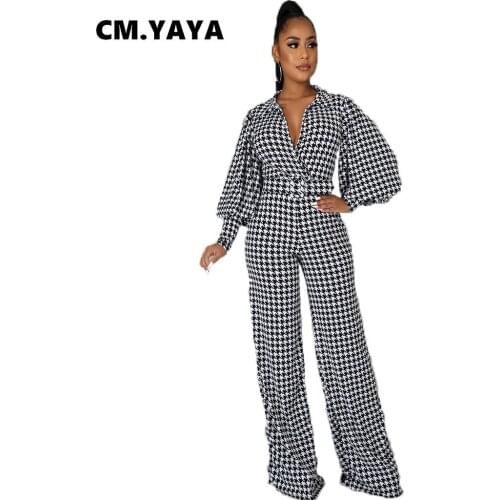 CM.YAYA Women Jumpsuit Print Full Sleeve Turn-down Collar Bandage Sashes Wide Leg Jumpsuits Fashion Streetwear Outfit Summer