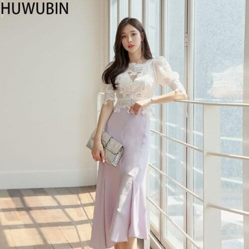 New Korean Womens Slim And Chic Lace Splicing V-Neck Short Sleeve Fashion Elegant Top + Oblique Splicing Fishtail Long Skirt