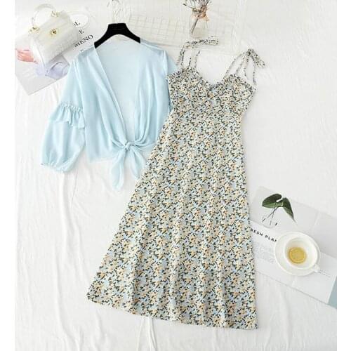 2021 Summer Suit Women Dress Two Piece Set V-Neck Sweet Floral Print Sling Chiffon Dress Long Sleeve Elegant A-line Vestidos