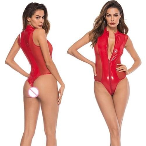 Open Crotch Catsuit Sex Glossy Leather Sexy Lingerie Mesh Transparent Female Bodysuit Sexi Women Erotic Underwear Ladies Leotard