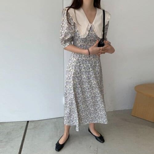 Korean Style Summer Women Dress One Piece 2021 Elegant Korean Chic Woman Printed Dress Robe Female A-Line French Floral Dresses
