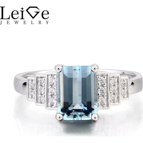Leige Jewelry March Birthstone Natural Blue Aquamarine Ring Wedding Ring Emerald Cut Gemstone 925 Sterling Silver Women Jewelry