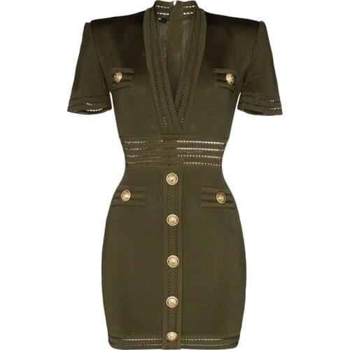 High Quality European American Design Sexy V-neck Short Sleeve Skinny Knit Army Green Casual Dress Stretchy Slim Mini Dresses