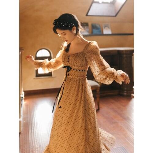 Retro Dot Mesh Fairy Dress Women Korean Fashion Vintage Khaki Petal Sleeve Princess Dresses For Elegant Lady Vestido Festa