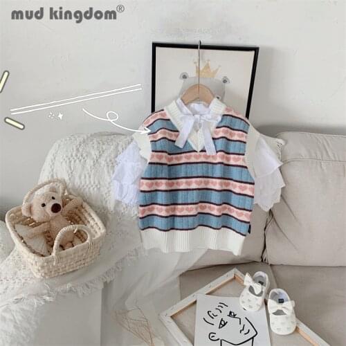 Mudkingdom Little Girl Strip Vest Sweater Sleeveless Heart V-neck Loose Fit Spring Autumn knitting Tops for Kids Fashion Clothes